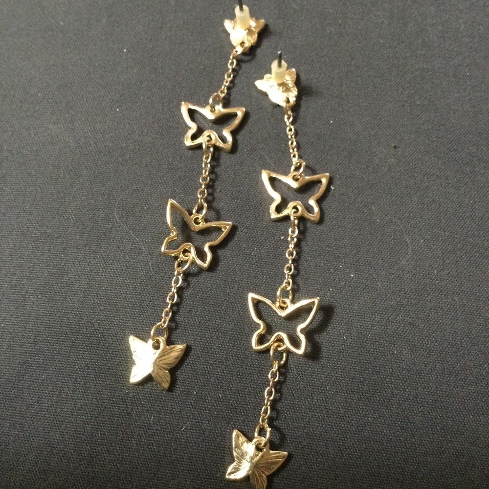 Elegant Gold Butterfly Dangle Earrings - Picture 2 of 2